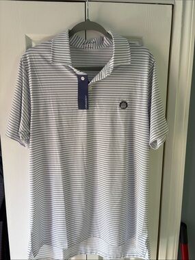 Draddy Matt golf Polo Men’s White & Navy Striped Polo Shirt